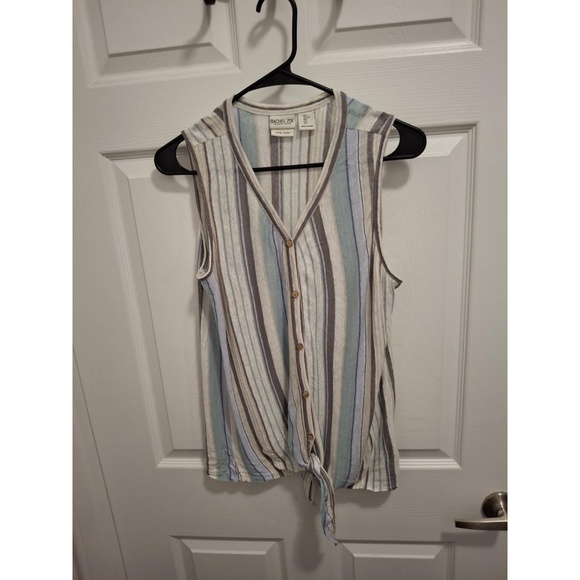 Rachel Zoe Large Gray Blue Striped V-Neck Tie Front Coastal Boho Blouse - Picture 2 of 9